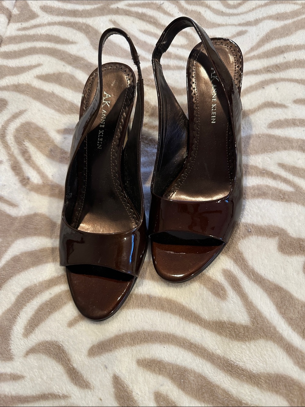 Anne Klein Dark Brown Patent Slingback Peep-Toe Heels